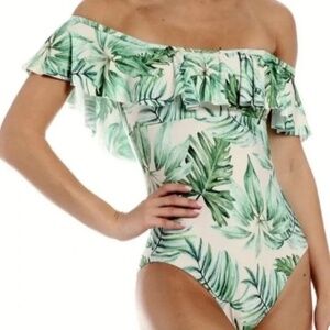 Gianni Bini Swimsuit Size XL One-Piece Green Leaves Ruffles Off the Shoulder
